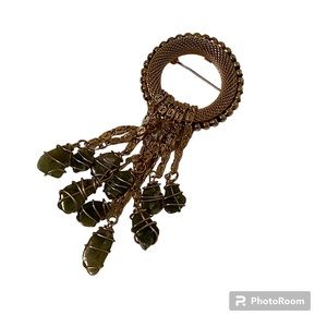 MARINO BROOCH PIN GOLD TONE MESH CIRCLE STRANDS GREEN WRAPPED GLASS DANGLES